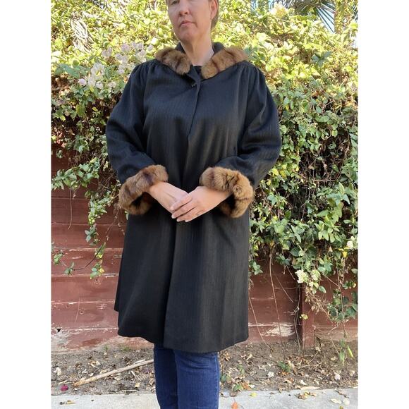 Vintage 1950's Long Black Wool Coat With Mink Trim - Picture 1 of 5
